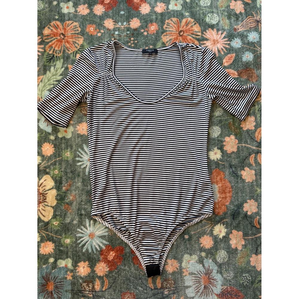 FRNCH Paris Bodysuit Womens ML Black White‎ Striped V-Neck Short Sleeve F9607